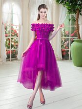 Fancy Fuchsia Homecoming Dress Prom and Party with Appliques Off The Shoulder Short Sleeves Lace Up