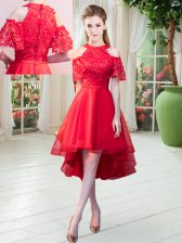  High Low A-line Short Sleeves Red Zipper
