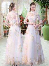 Fashionable White 3 4 Length Sleeve Appliques Floor Length Prom Dresses