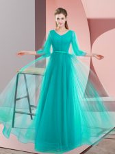 Trendy Long Sleeves Tulle Floor Length Lace Up Prom Dress in Turquoise with Beading