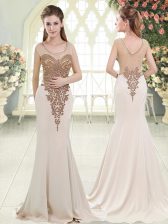 Charming Scoop Sleeveless Sweep Train Side Zipper Prom Party Dress White Elastic Woven Satin