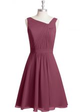 Fancy Chiffon Sleeveless Knee Length Dress for Prom and Ruching and Belt