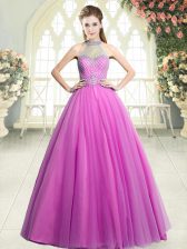 Pretty Pink Sleeveless Beading Floor Length Prom Party Dress