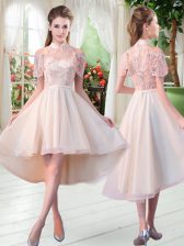 Sophisticated High-neck Short Sleeves Prom Dress High Low Lace Champagne Tulle