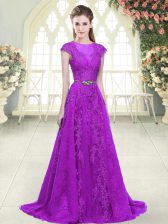 Custom Made Purple Scoop Cap Sleeves Sweep Train Zipper