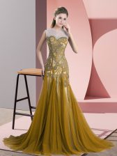  Tulle Scoop Sleeveless Sweep Train Backless Beading and Appliques Prom Dresses in Brown
