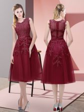  Burgundy A-line Beading and Lace and Appliques Prom Gown Lace Up Tulle Sleeveless Tea Length