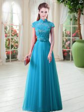  Aqua Blue High-neck Lace Up Appliques Evening Dress Cap Sleeves