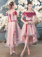  Pink Lace Up Off The Shoulder Appliques Dress for Prom Tulle Short Sleeves