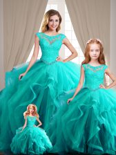 Sophisticated Ball Gowns Quinceanera Dresses Aqua Blue Scoop Cap Sleeves Lace Up