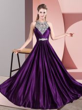  Purple Empire Beading Dress for Prom Zipper Satin Sleeveless Floor Length
