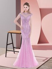 Nice Pink Lace Up Prom Gown Beading Cap Sleeves Sweep Train