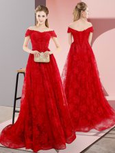 Vintage Sleeveless Beading and Lace Lace Up Dress for Prom with Red Sweep Train