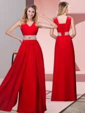  Red Column/Sheath Chiffon V-neck Sleeveless Beading Floor Length Lace Up Dress for Prom
