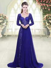 Fancy Chiffon Long Sleeves Prom Dresses Sweep Train and Beading and Lace