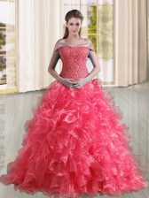 High Class Coral Red Organza Lace Up Sweet 16 Quinceanera Dress Sleeveless Sweep Train Beading and Lace and Ruffles