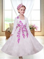  White Sleeveless Ankle Length Embroidery Zipper Flower Girl Dresses