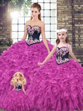  Fuchsia Sleeveless Organza Lace Up Quinceanera Dress for Military Ball and Sweet 16 and Quinceanera