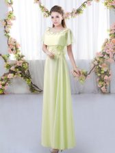 Pretty Yellow Green Empire Chiffon Scoop Short Sleeves Appliques Floor Length Zipper Vestidos de Damas