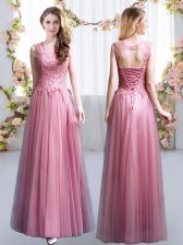 High End Pink Scoop Neckline Lace Damas Dress Sleeveless Lace Up