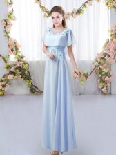  Floor Length Lavender Quinceanera Dama Dress Chiffon Short Sleeves Appliques