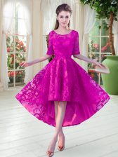  Fuchsia Zipper Scoop Half Sleeves High Low Evening Dress Lace