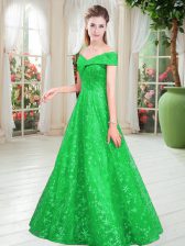 Fashionable A-line Evening Dress Green Off The Shoulder Lace Sleeveless Floor Length Lace Up