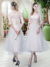  Scoop Half Sleeves Tulle Prom Evening Gown Lace Lace Up