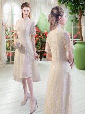  Short Sleeves Tea Length Lace Side Zipper Homecoming Dress with Champagne