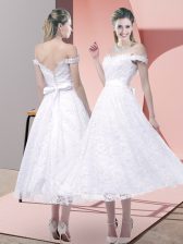 Charming Lace Sleeveless Tea Length Prom Evening Gown and Belt