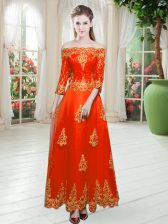  Orange Red Lace Up Off The Shoulder Lace Prom Dresses Tulle 3 4 Length Sleeve