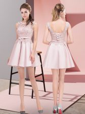  Baby Pink Scoop Neckline Lace and Bowknot Prom Evening Gown Sleeveless Lace Up