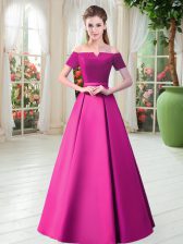  Short Sleeves Floor Length Belt Lace Up Prom Gown with Fuchsia