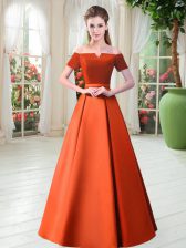 Fantastic Orange Red Lace Up Off The Shoulder Belt Dress for Prom Satin Short Sleeves