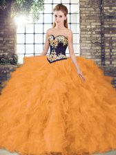  Sleeveless Floor Length Beading and Embroidery Lace Up Quince Ball Gowns with Orange