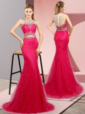 Beautiful Hot Pink Dress for Prom Scoop Sleeveless Sweep Train Lace Up