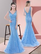  V-neck Sleeveless Tulle Prom Party Dress Beading and Sequins Sweep Train Backless