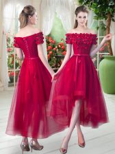 Beauteous Red Prom and Party with Appliques Off The Shoulder Short Sleeves Lace Up