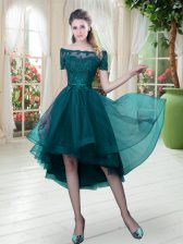  High Low Peacock Green Prom Gown Off The Shoulder Short Sleeves Lace Up