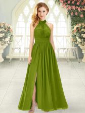 Custom Design Olive Green Halter Top Zipper Ruching Dress for Prom Sleeveless