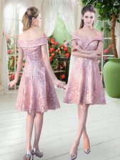 Simple Pink A-line Off The Shoulder Sleeveless Lace Knee Length Zipper Prom Gown