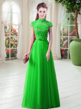  Appliques Evening Dress Lace Up Cap Sleeves Floor Length
