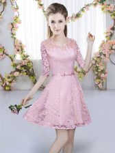 Flare Pink Lace Zipper Quinceanera Court Dresses Half Sleeves Mini Length Belt