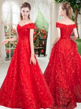  Beading Prom Party Dress Red Lace Up Sleeveless Floor Length