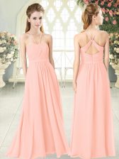 Clearance Pink Empire Ruching Prom Dresses Criss Cross Chiffon Sleeveless Floor Length