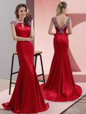  Sweep Train Mermaid Dress for Prom Red Scoop Elastic Woven Satin Cap Sleeves Backless
