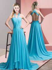 Fabulous Aqua Blue Backless Prom Party Dress Beading and Ruching Sleeveless Sweep Train