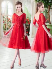  Red Lace Up V-neck Beading and Appliques Prom Evening Gown Tulle Half Sleeves