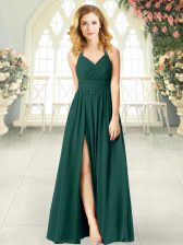  Peacock Green Empire Chiffon Halter Top Sleeveless Ruching Floor Length Zipper Prom Dresses