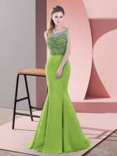  Green Lace Up Beading and Lace Sleeveless Sweep Train